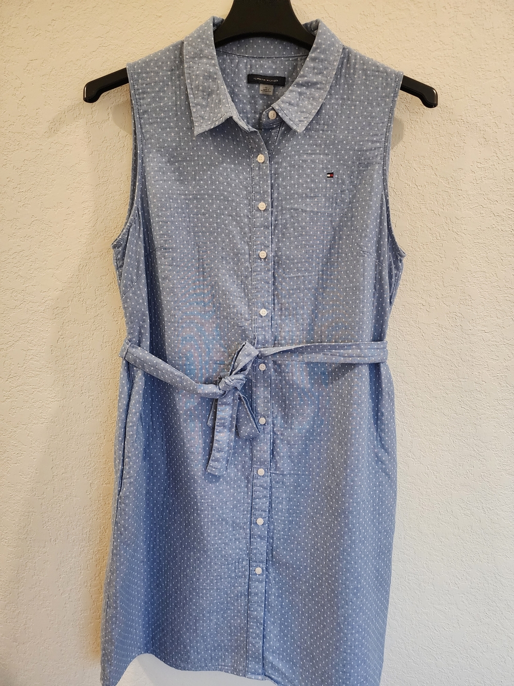 Tommy Hilfiger Light Blue Polka Dot Sleeveless Shirt Dress With Pockets